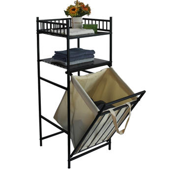 Strong Square Tube Wire Tilted Laundry Hamper With 2-tier Storage Shelves